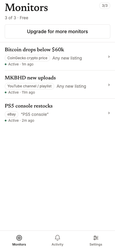 The Pinglist app showing three active watches
